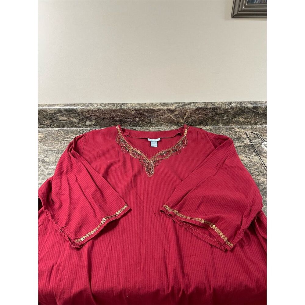 Liz & Me Women's Plus 3X Red Embellished Tunic Top V-Neck Long Sleeve (sku#315) - Picture 7 of 11